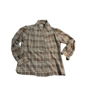 Tan Jay Blouse‎ Vintage Secretary Plaid Tan Blue Neck Tie Top Size 14